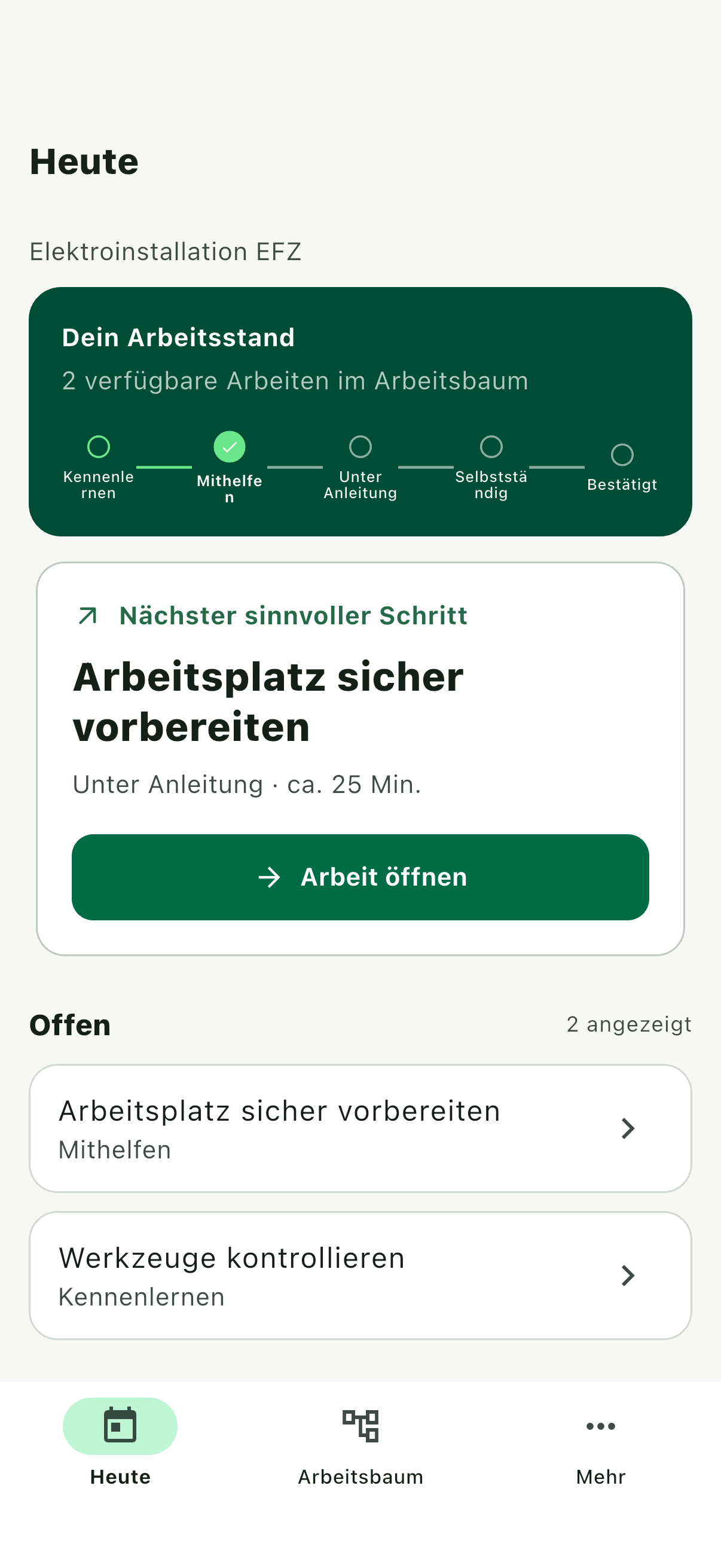 Lehrlevel Lernendenansicht mit Arbeitsstand und nächstem Arbeitsschritt